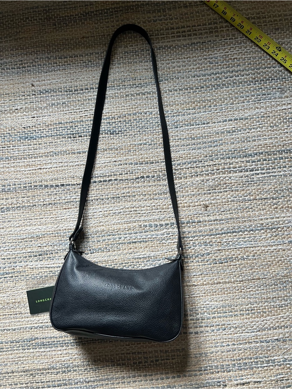 Longchamp Black Pebbled Leather Shoulder Bag with Slim Strap